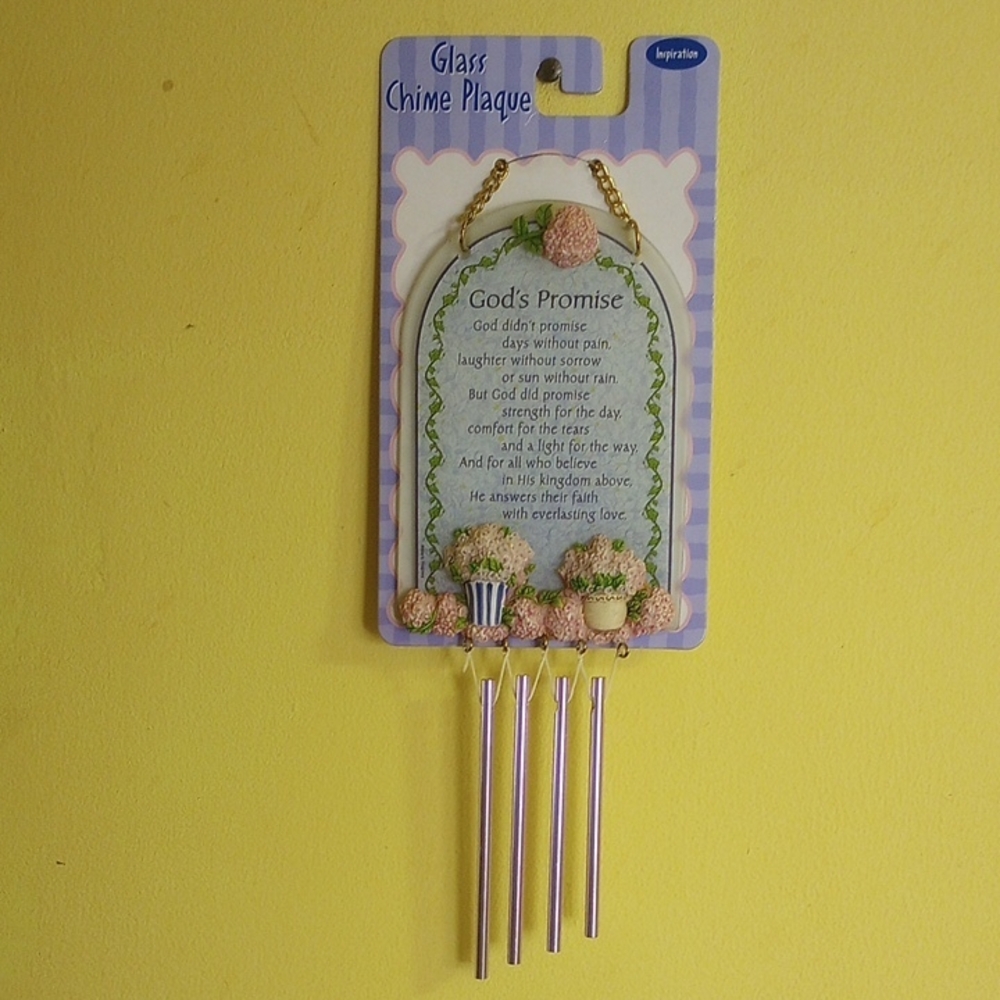 NWT God's Promise Glass Chime Plaque w/ 3D Floral Design. Pink Green Blue White